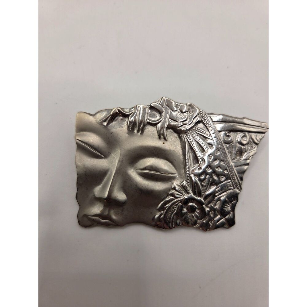 1784. Vintage JJ Jonette Silver Tone Woman Face Brooch